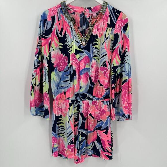 Lilly Pulitzer Ariele Romper High Tide Navy Tropicolada Floral Print‎ Size XS - Picture 3 of 12